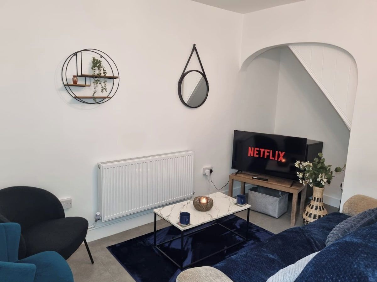Un salon moderne avec un téléviseur affichant le logo « NETFLIX », une table basse ornée d’un vase décoratif, un fauteuil noir et un canapé bleu.