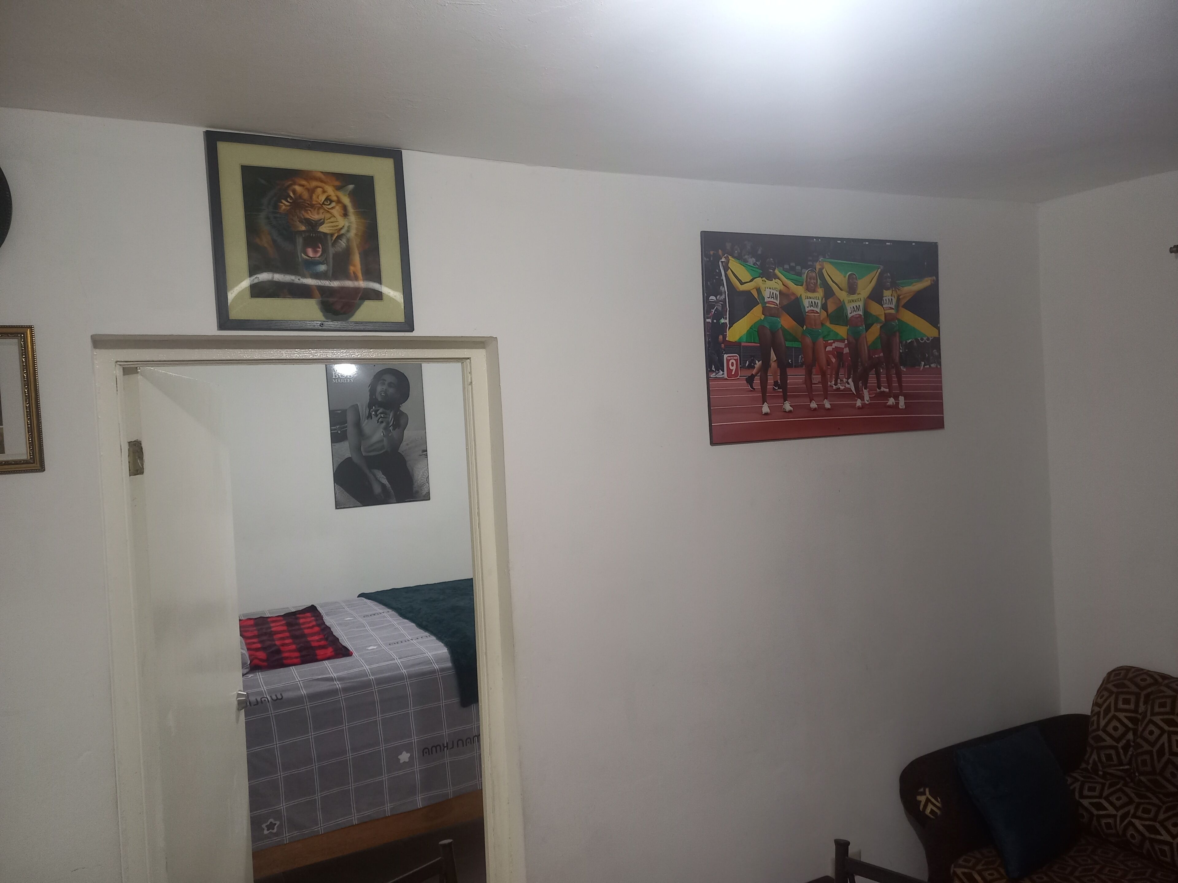 A room with a bed, a door, and two framed pictures on the wall.