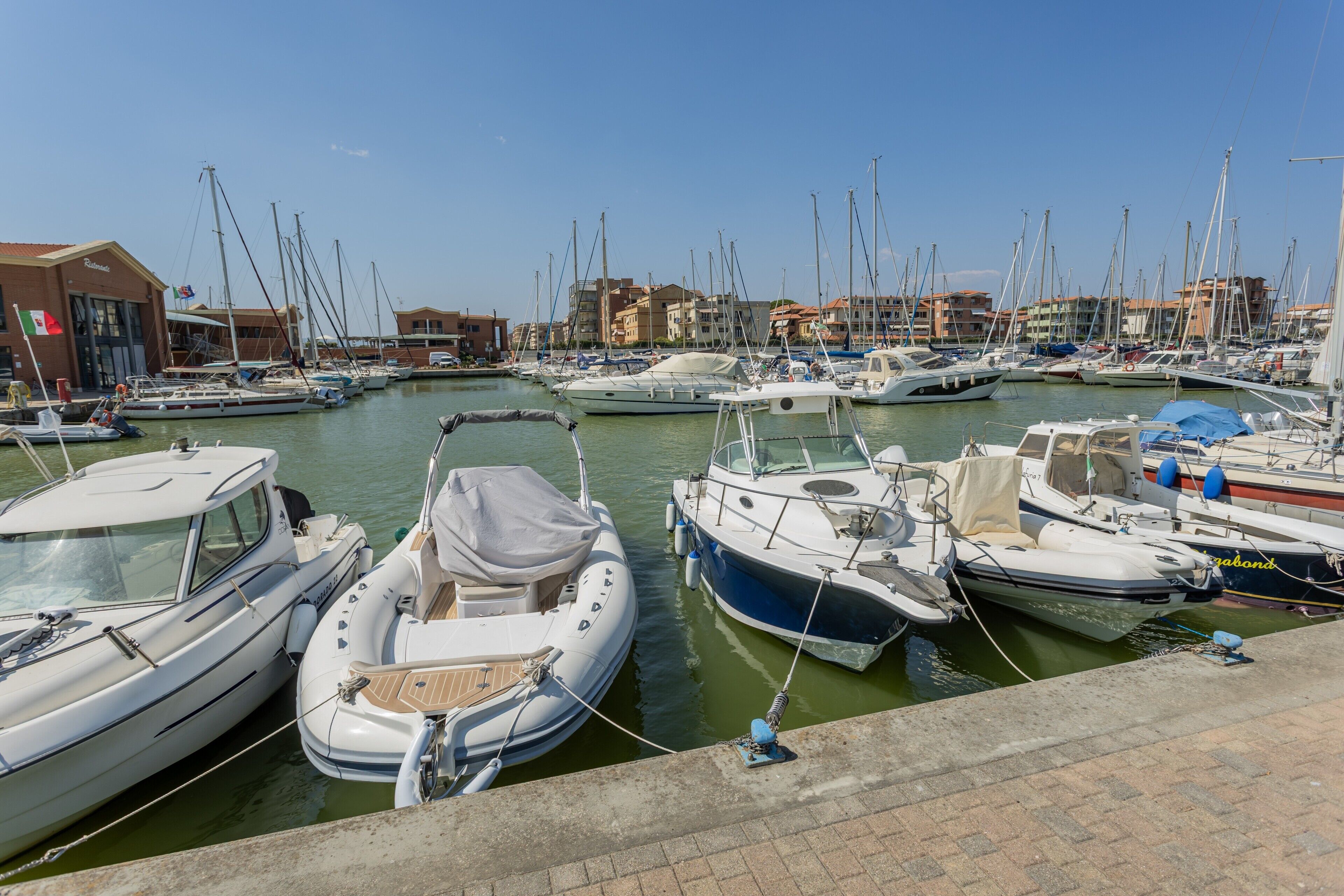 A marina with multiple boats docked, a building with a flag, and a clear sky.