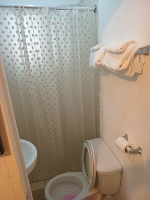 Een badkamer met een toilet, een douchegordijn met stippen en een handdoekrek met handdoeken.