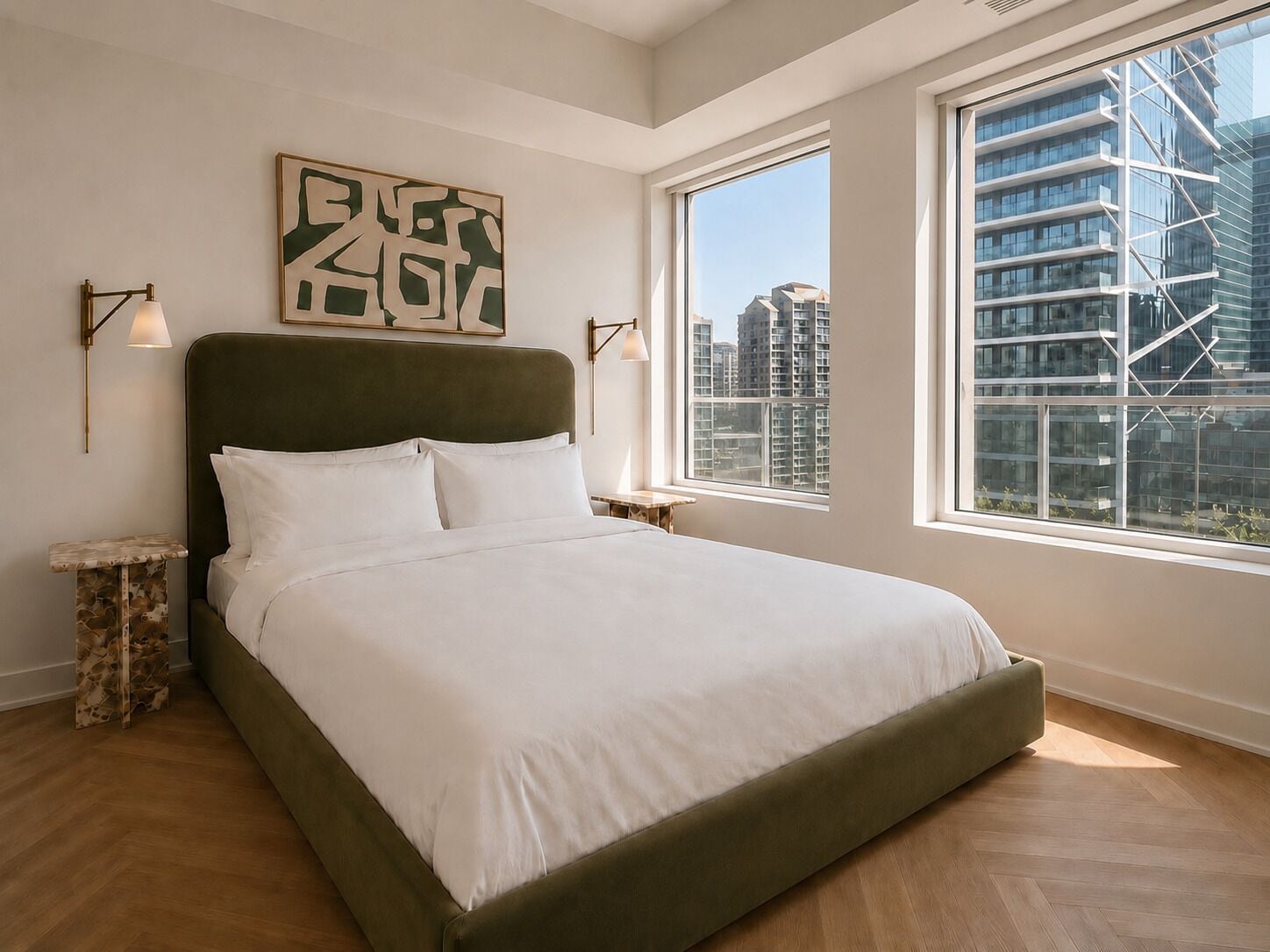 Un dormitorio con una cama grande, vistas a la ciudad y un diseño moderno.