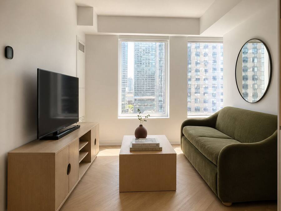 Una sala de estar moderna con un televisor de pantalla plana, un sofá verde, una mesa de centro de madera y un jarrón con plantas.