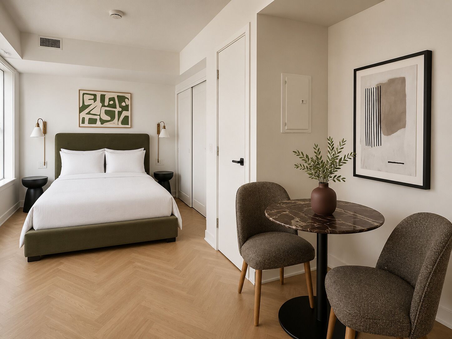 A hotel room with a bed, bedside tables, a chair, a small table with a vase, and artwork on the walls.