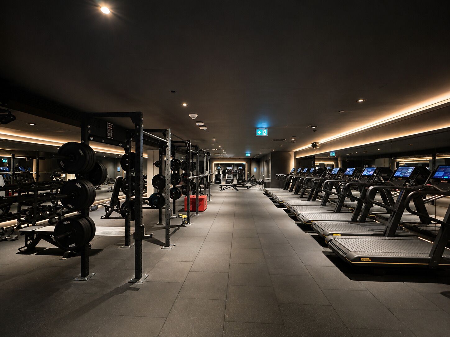 Un gimnasio con cintas de correr, equipo de levantamiento de pesas y un espejo grande.