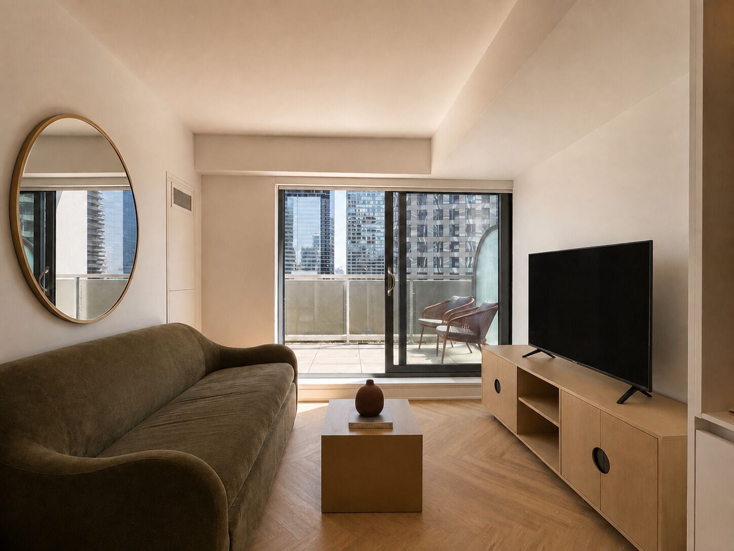 A modern living room with a sofa, a television, and a balcony with a view of the city.
