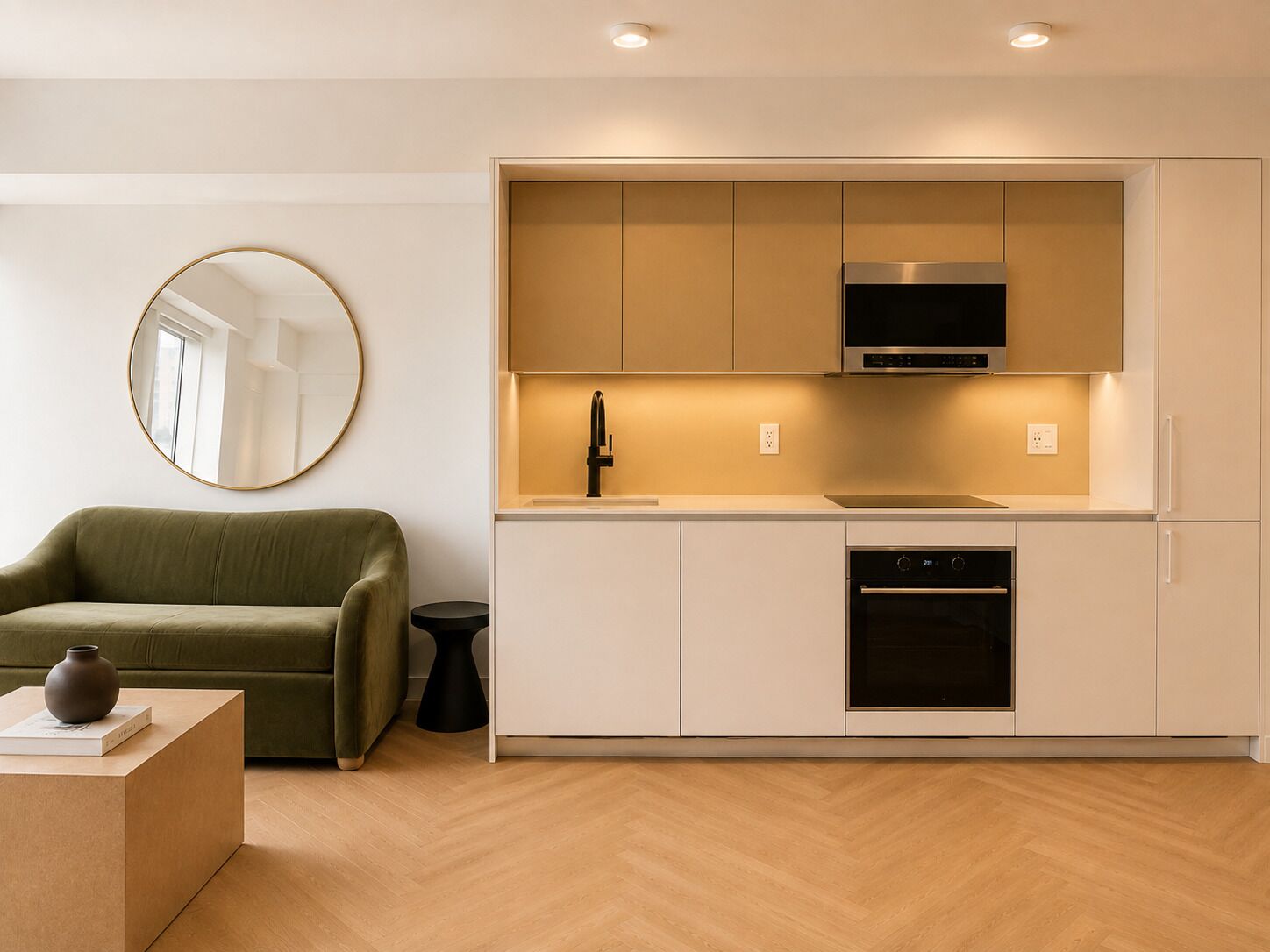 A modern kitchen with built-in appliances, a round mirror, and a green sofa.