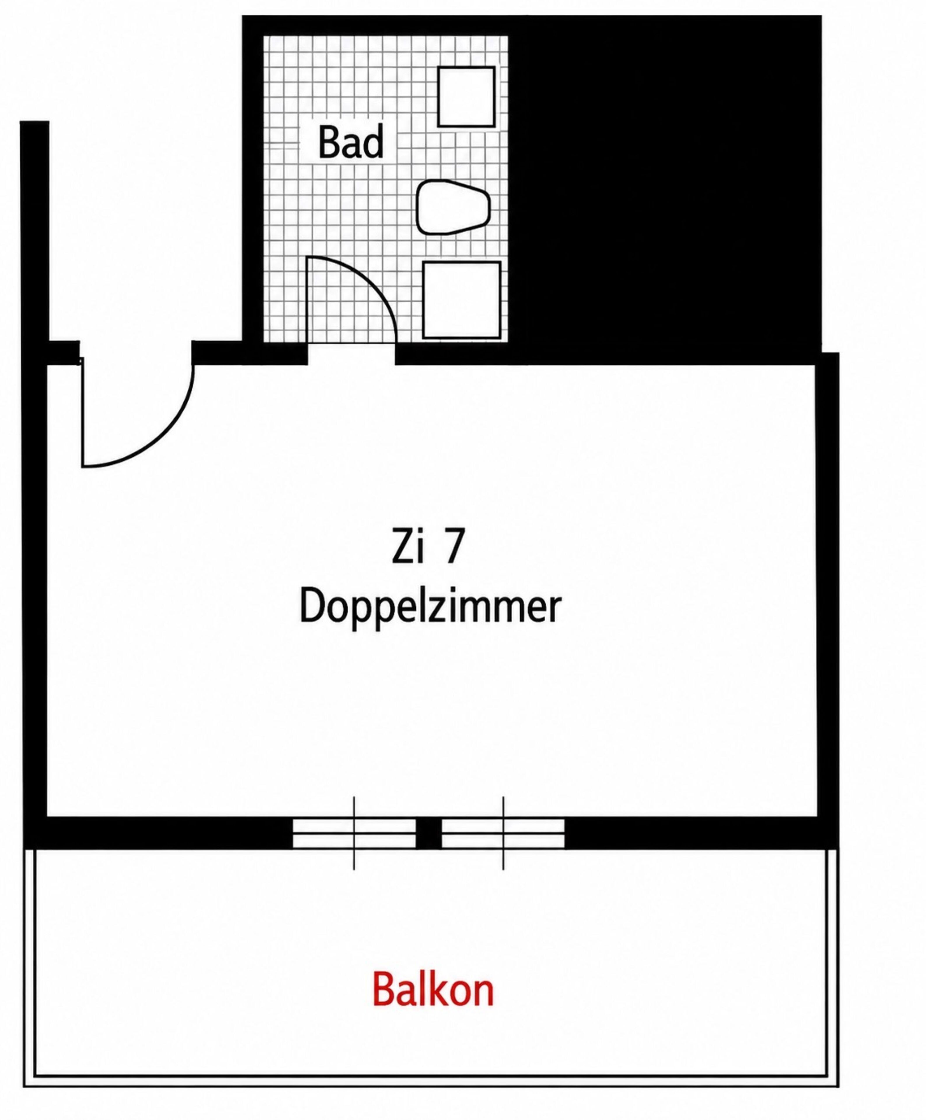 A floor plan with a 'Bad' room, a 'Zi 7 Doppelzimmer' (double room), and a 'Balcony'.