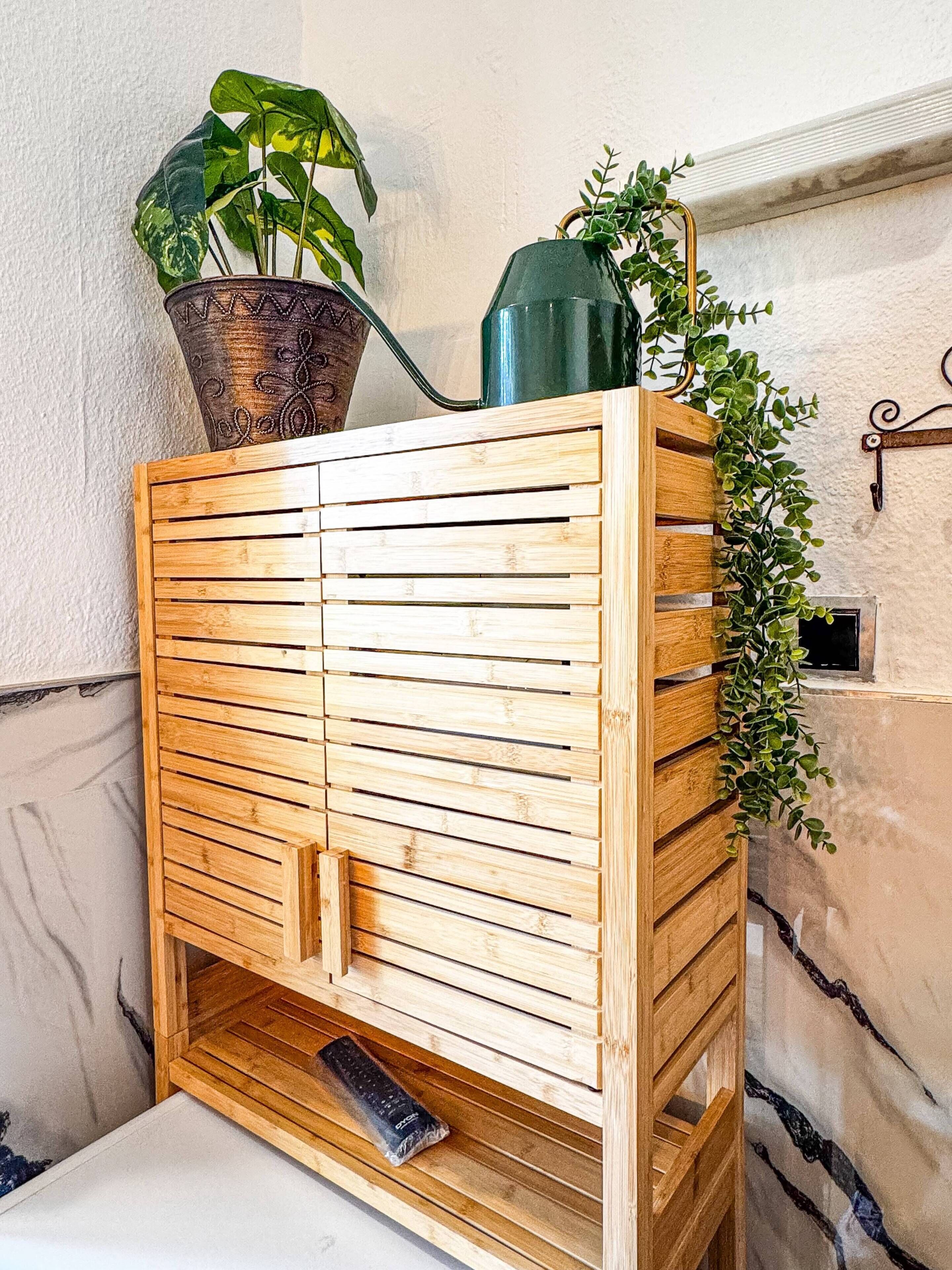 A wooden cabinet with horizontal slats, a potted plant, and a green watering can.
