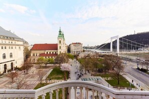 Eine Stadtansicht mit einem markanten Gebäude mit einer begrünten Dachfläche, einer Brücke und blauem Himmel.