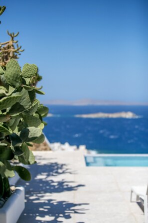 Ein Poolbereich mit Blick auf das Meer.