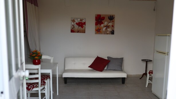 A small, clean room with a white sofa, a red pillow, a dining table with chairs, and two wall-mounted paintings.