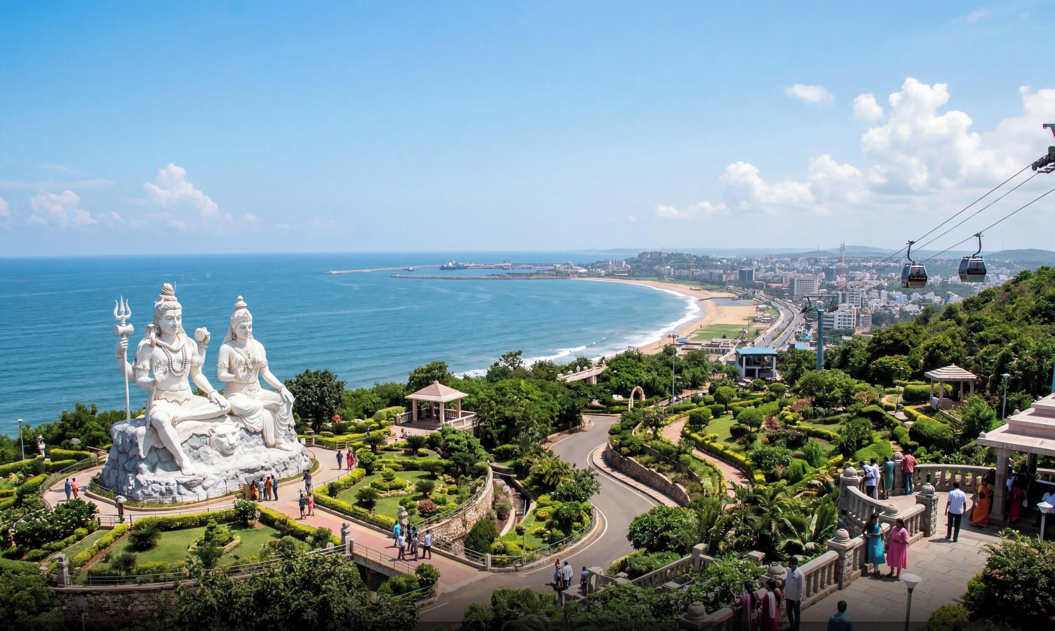 A coastal park with statues, a beach, and a cable car system.