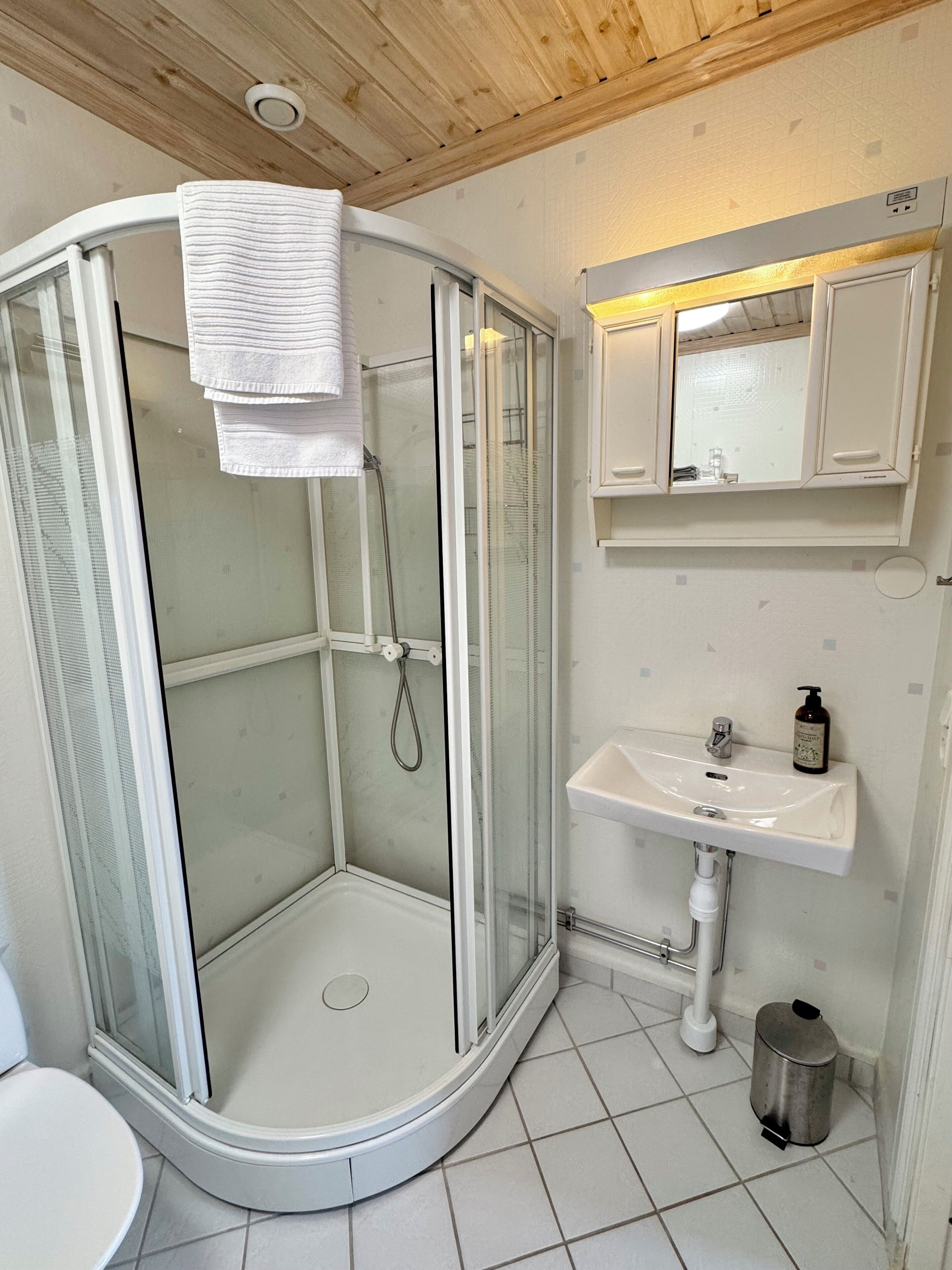 A bathroom with a glass-enclosed shower, a white sink, and a mirror above the sink.
