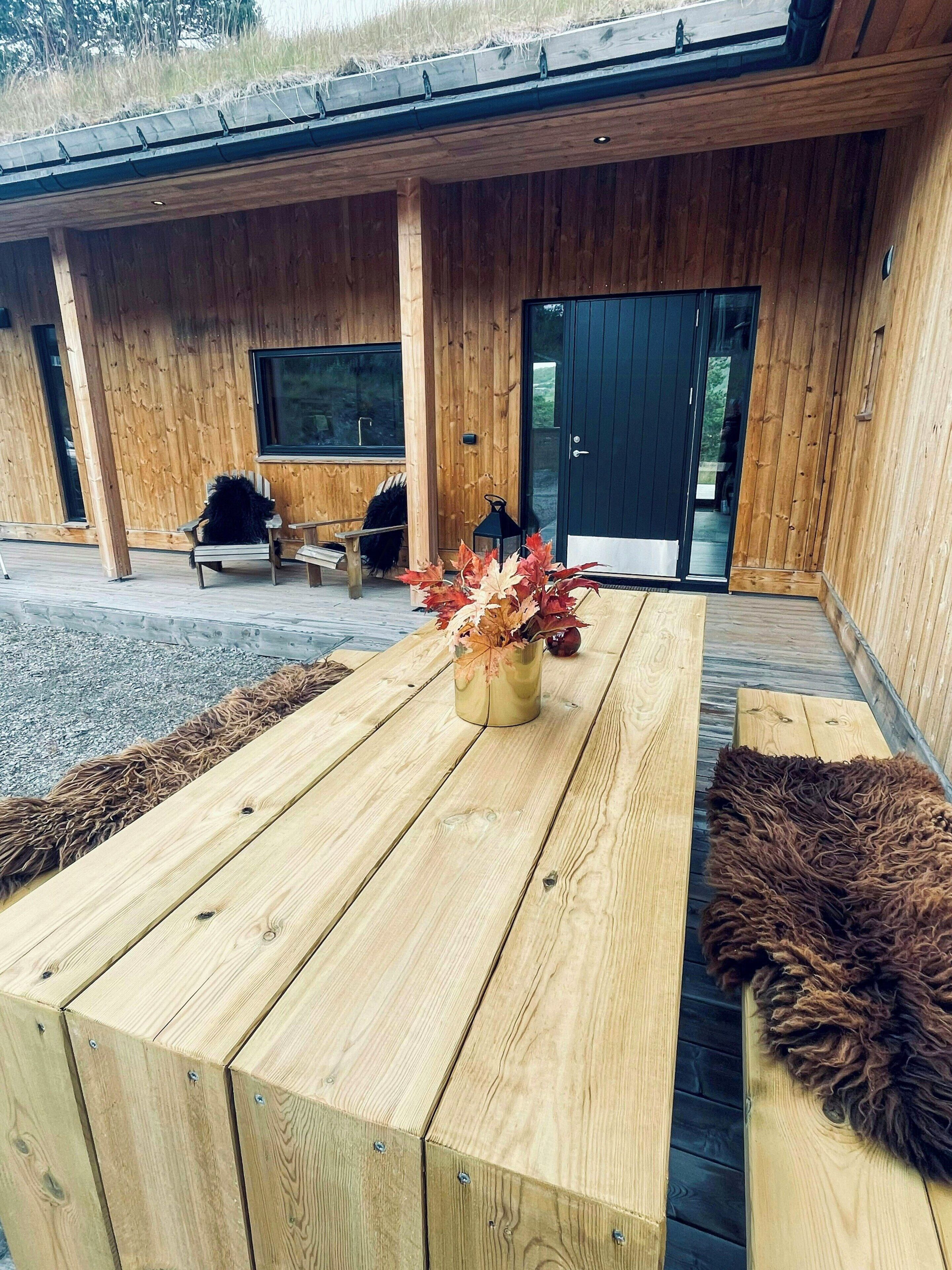 A wooden deck with a table, chairs, and a decorative plant.