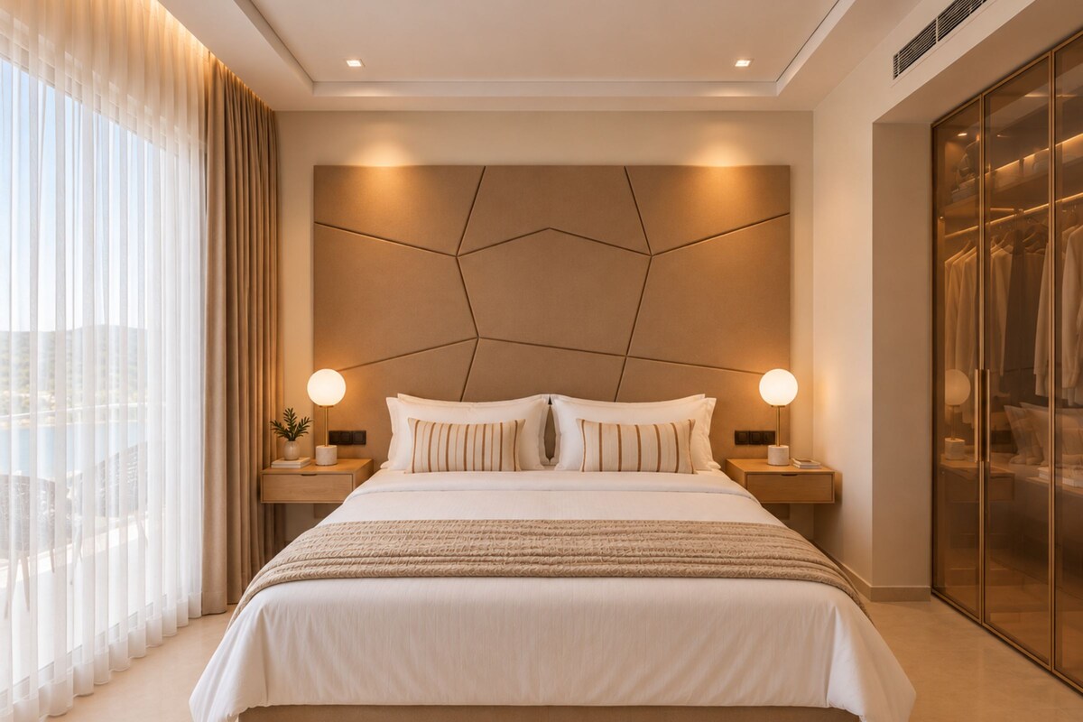 Quarto de hotel moderno com uma cama grande, duas mesinhas de cabeceira, cabeceira com padrões geométricos e guarda-roupa com portas de vidro.