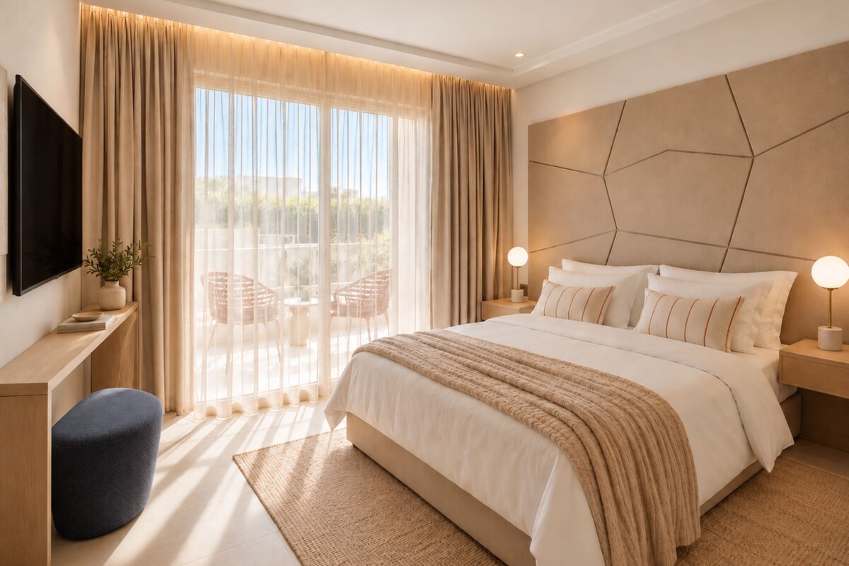 Quarto de hotel moderno com uma cama grande, televisão de tela plana, escrivaninha e varanda com mobiliário de exterior.