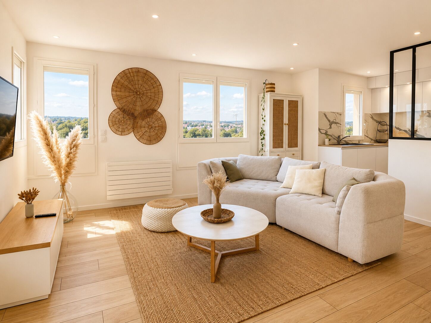 A modern living room with a sectional sofa, a round coffee table, and a large window offering a view of the outdoors.