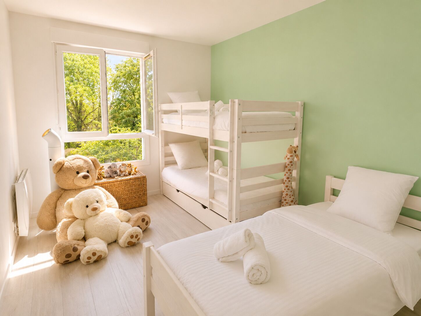 Camera da letto per bambini con letti a castello, un orsacotto e vista sul verde.