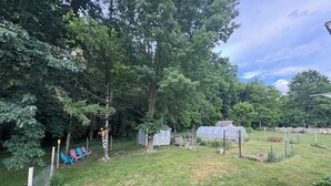Ein umzäunter Garten mit Gewächshaus, kleiner Gartenhütte und einem Baum.