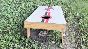 Eine Dartscheibe aus Holz mit rotem und schwarzem Design, auf einer grünen Wiese vor Bäumen platziert.