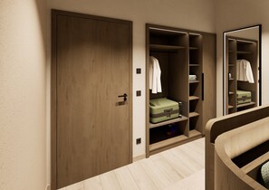 A walk-in closet with wooden doors, shelves, and hanging space.