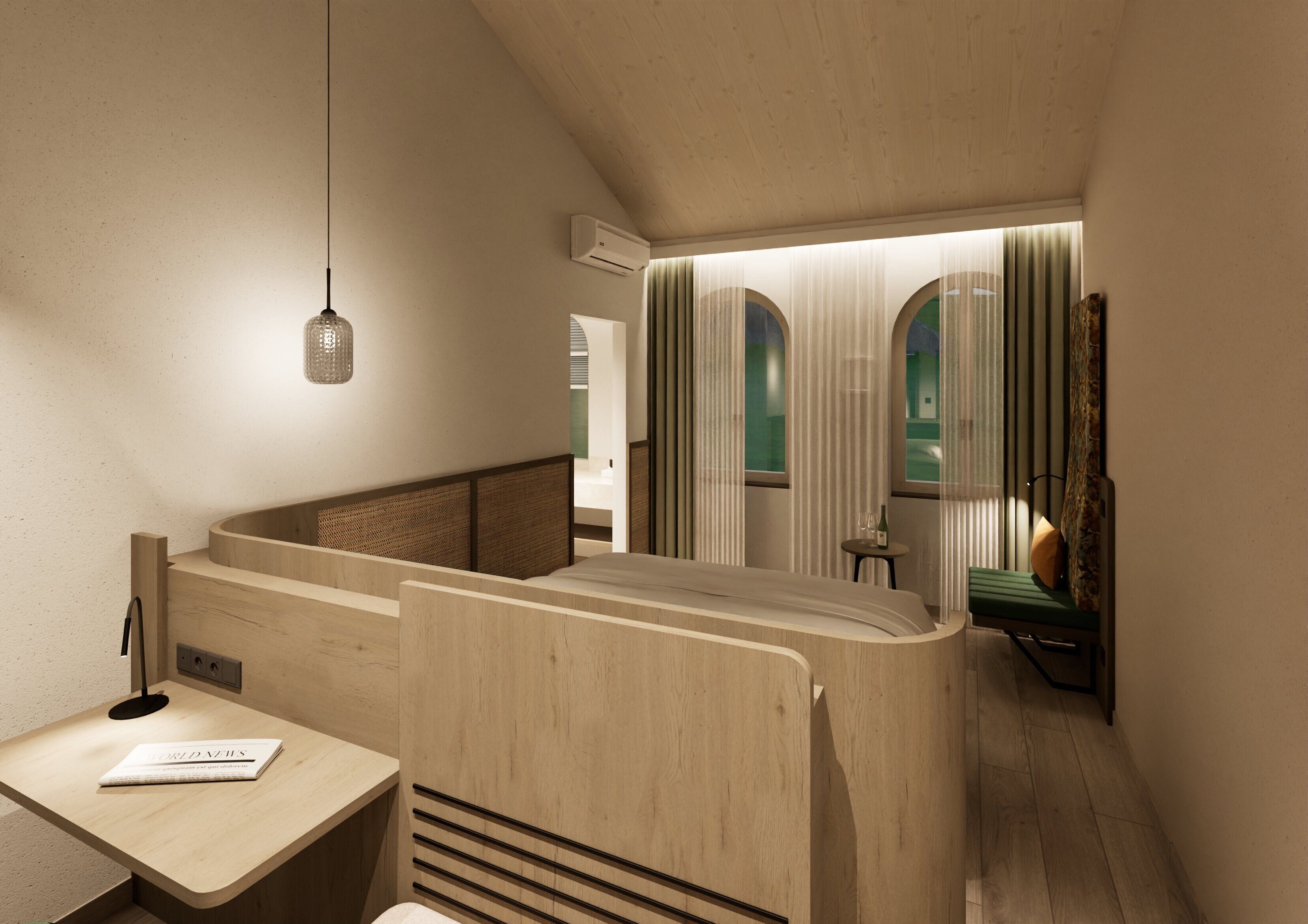 Ein modernes Interieur mit einer Holzbank, einem kleinen Tisch mit einem Buch und einem Fenster mit Vorhängen.