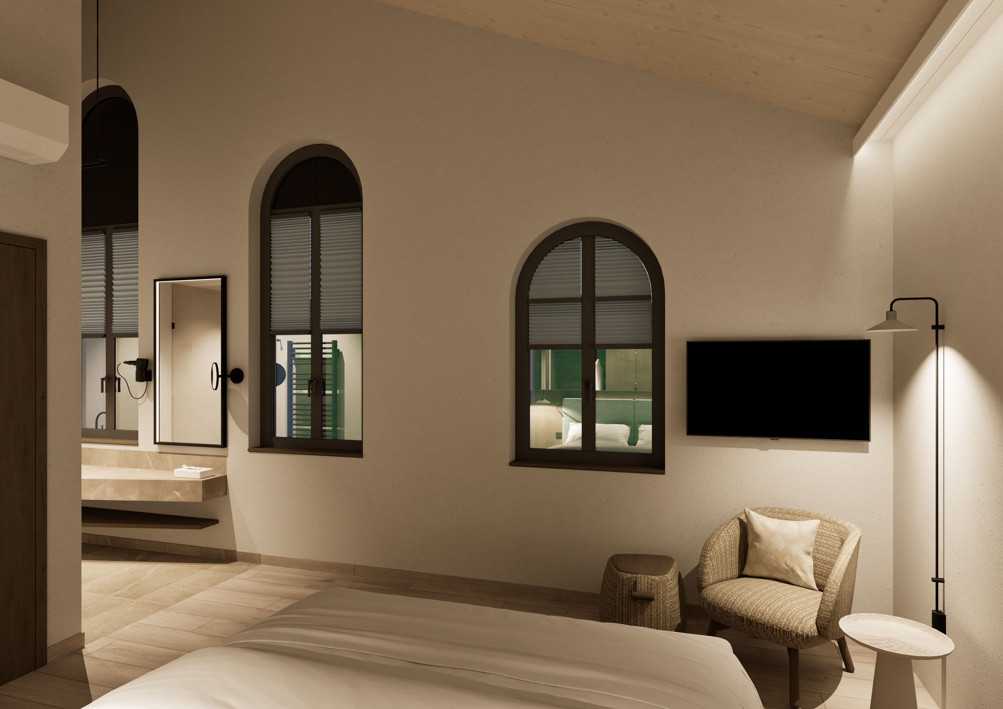 Quarto com cama, duas janelas, uma cadeira, mesa de cabeceira, televisão de tela plana e abajur.