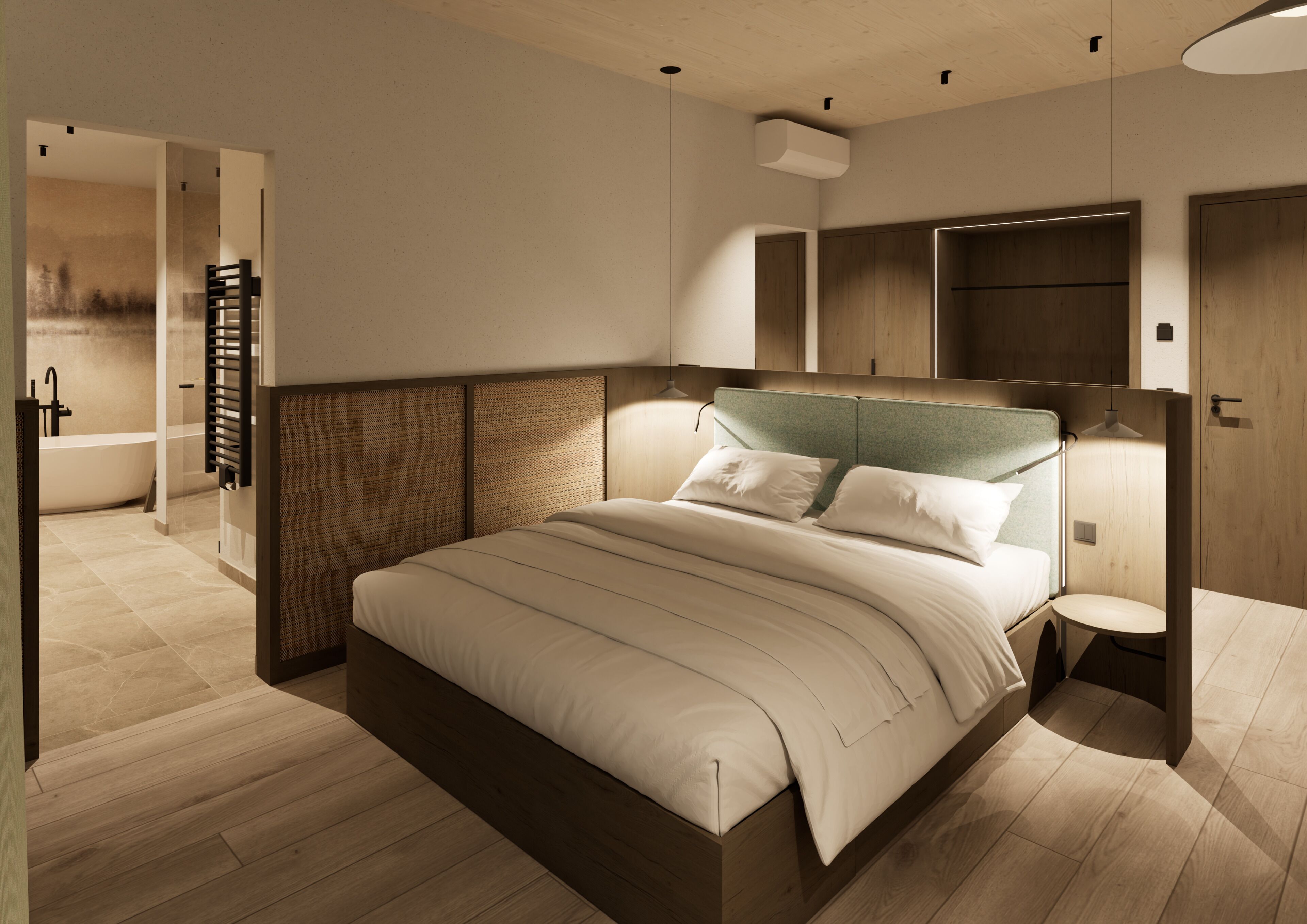 Un dormitorio moderno con una cama grande, un banco empotrado y un vestidor.