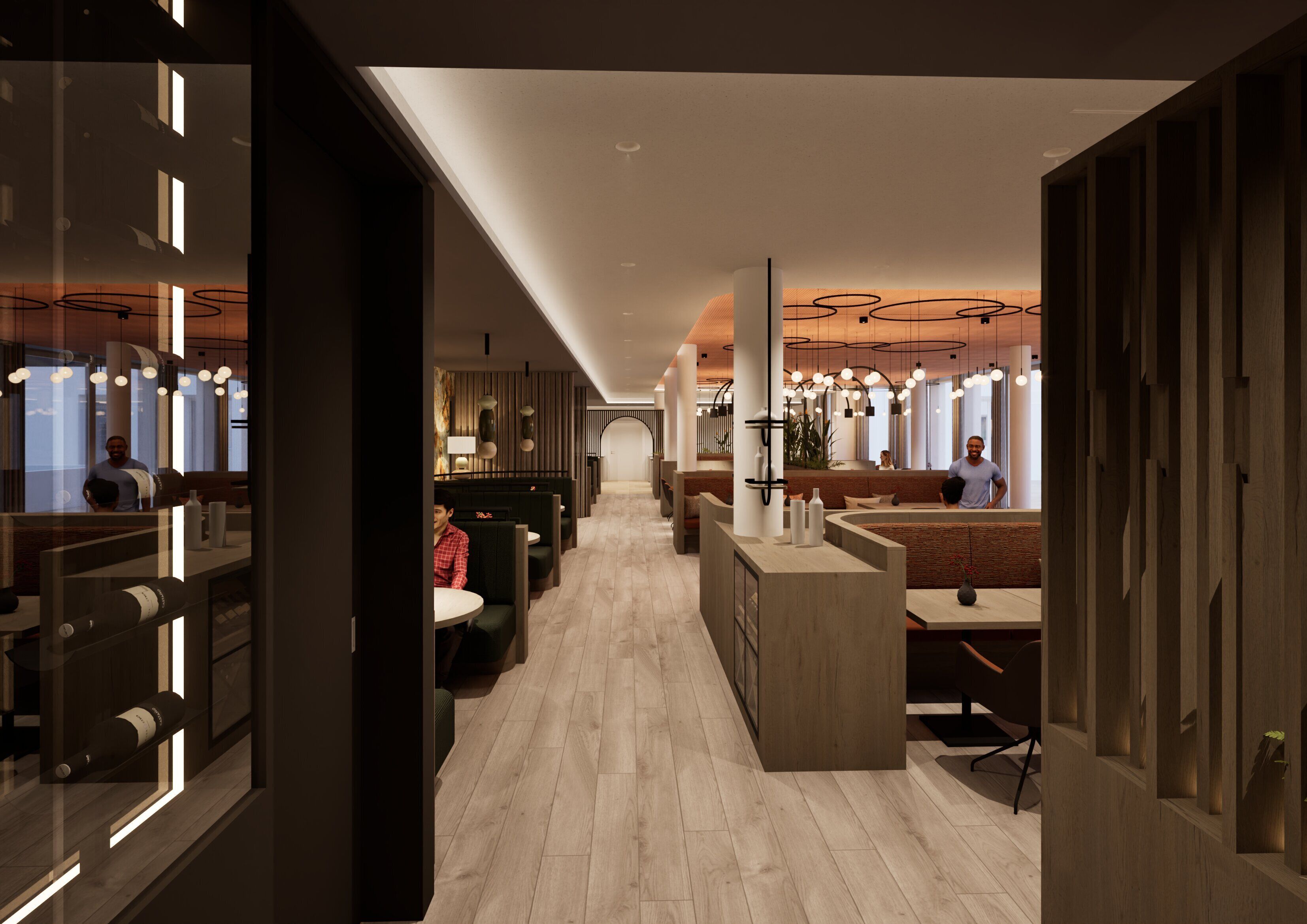 Un interno moderno con un'area bar centrale, diverse disposizioni di posti a sedere e una scala a vista che conduce a un piano superiore.