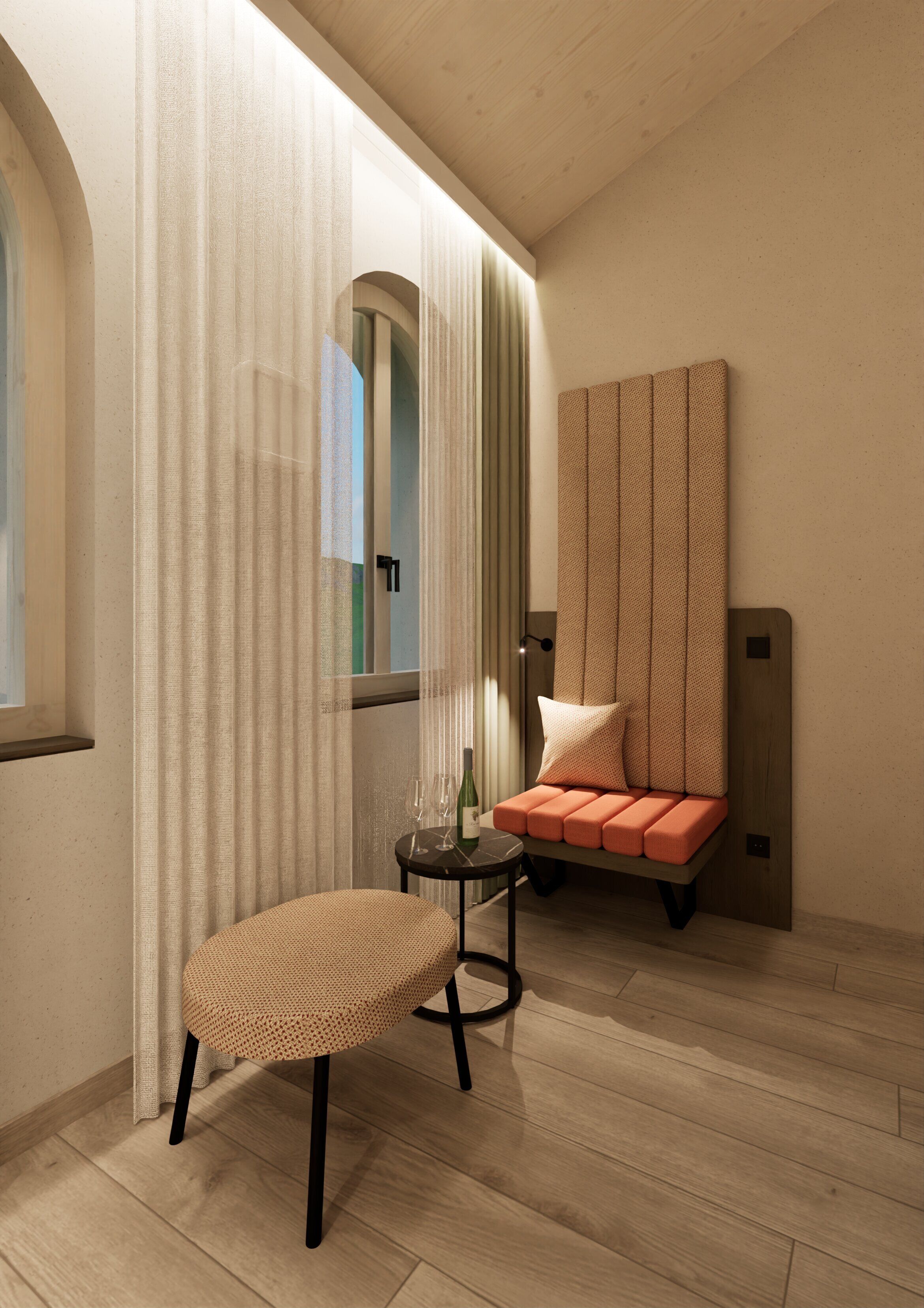 Ein modernes Interieur mit einer Sitzecke, einem Tisch mit Gläsern und einer Flasche.