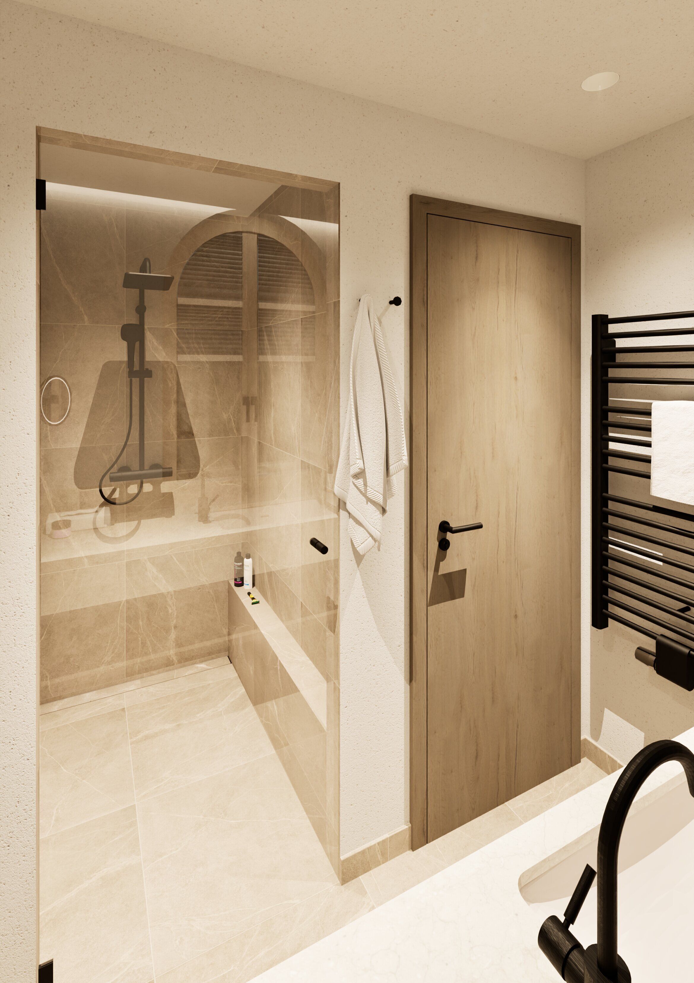 A modern bathroom with a glass-enclosed shower, a wooden door, and a towel rack.