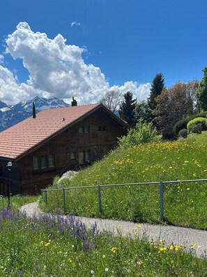 A wooden cabin with a red-tiled roof, surrounded by a lush meadow with wildflowers, and a mountain range in the background. - Möösli Vue Appartement/Fewo Appartement/Fewo by Interhome (Beatenberg)