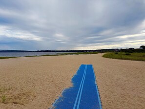 A beach with a blue running track.