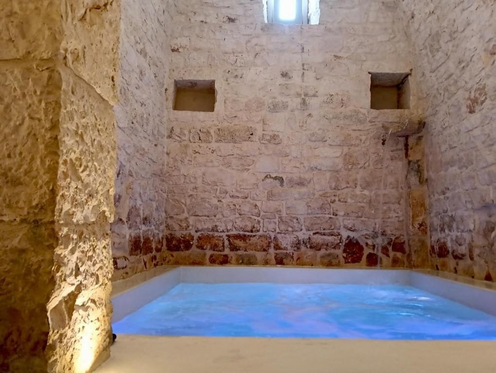 Une pièce aux murs de pierre et dotée d’une piscine rectangulaire.