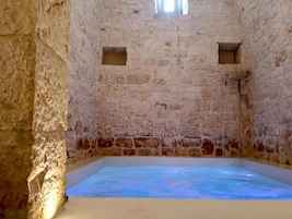 A stone-walled room with a rectangular pool.
