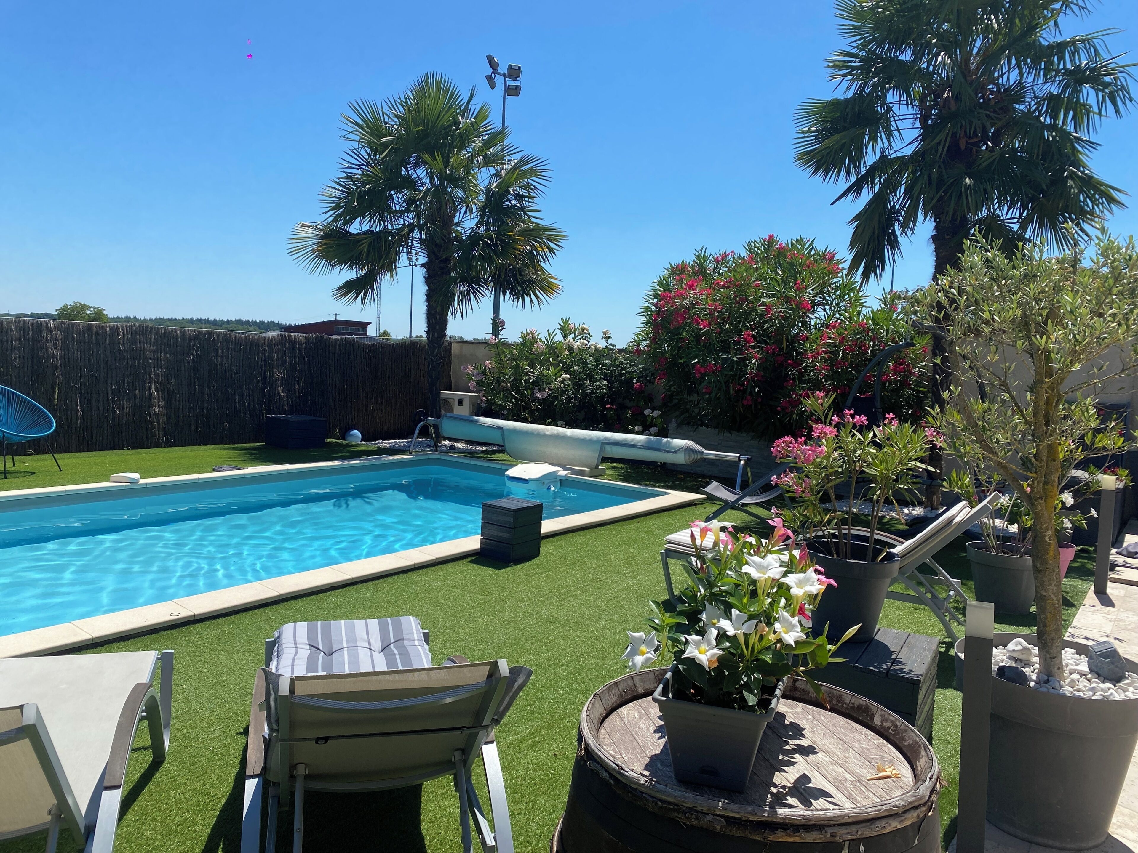 A swimming pool with a slide, surrounded by artificial grass, palm trees, and potted plants.