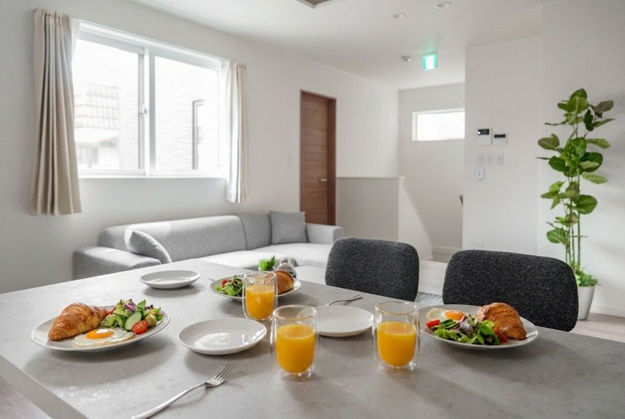 A breakfast setup with croissants, eggs, and juice in a modern room with a sofa and a potted plant.
