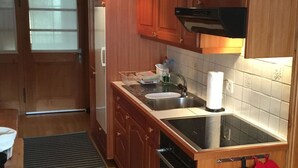 A compact kitchen with wooden cabinets, a stainless steel sink, and a built-in oven. - Roccabella Appartement/Fewo, Dusche oder Bad, WC, 2 Schlafräume by Interhome (Bivio)