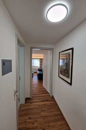 Ein Flur mit Holzboden, Deckenleuchte, einer Tür links und einem gerahmten Bild rechts.