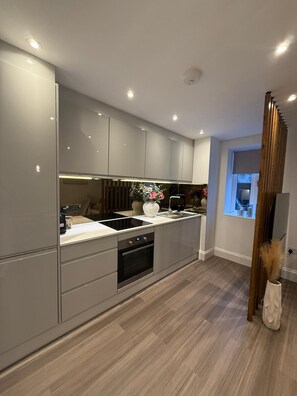 A modern kitchen with a built-in oven, a sink, and a window with a view. - Sunniside Sunderland Apartment, walking distance to city centre (Sunderland)