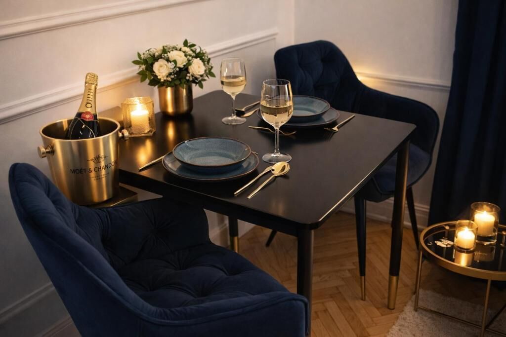 Een eettafel gedekt met blauwe borden, een fles champagne, glazen en kaarsen.
