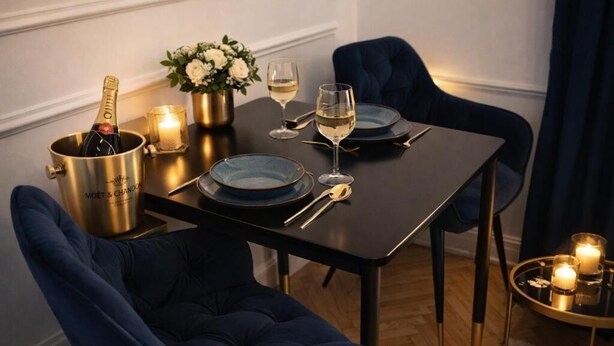 A dining table set with blue plates, a bottle of champagne, glasses, and candles. - The Gem of Downtown: Scenic Boutique Hideaway by the Promenade – 312 (Budapest)