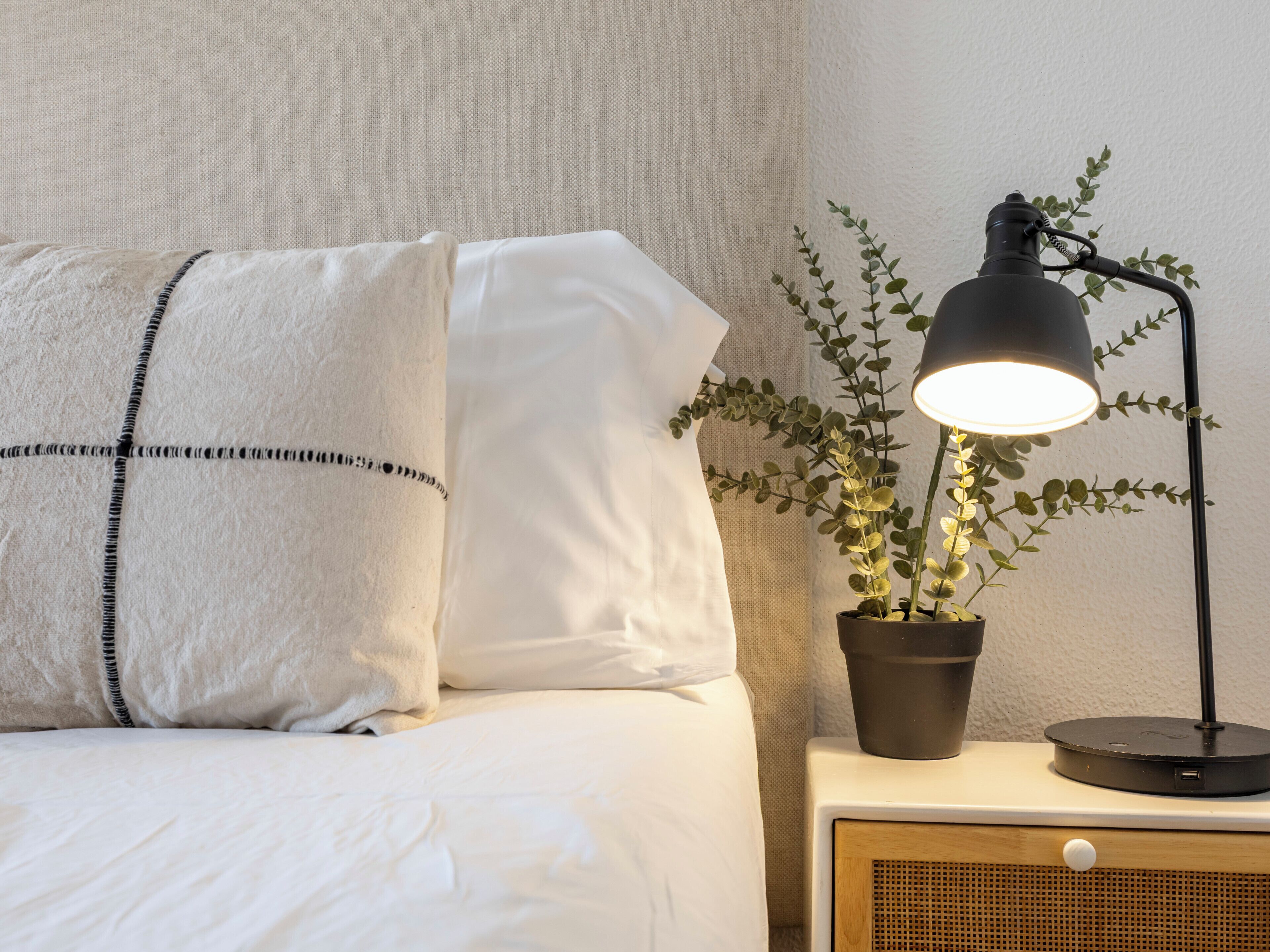 A bed with white bedding and two pillows, a small potted plant with green leaves, and a black desk lamp on a bedside table.