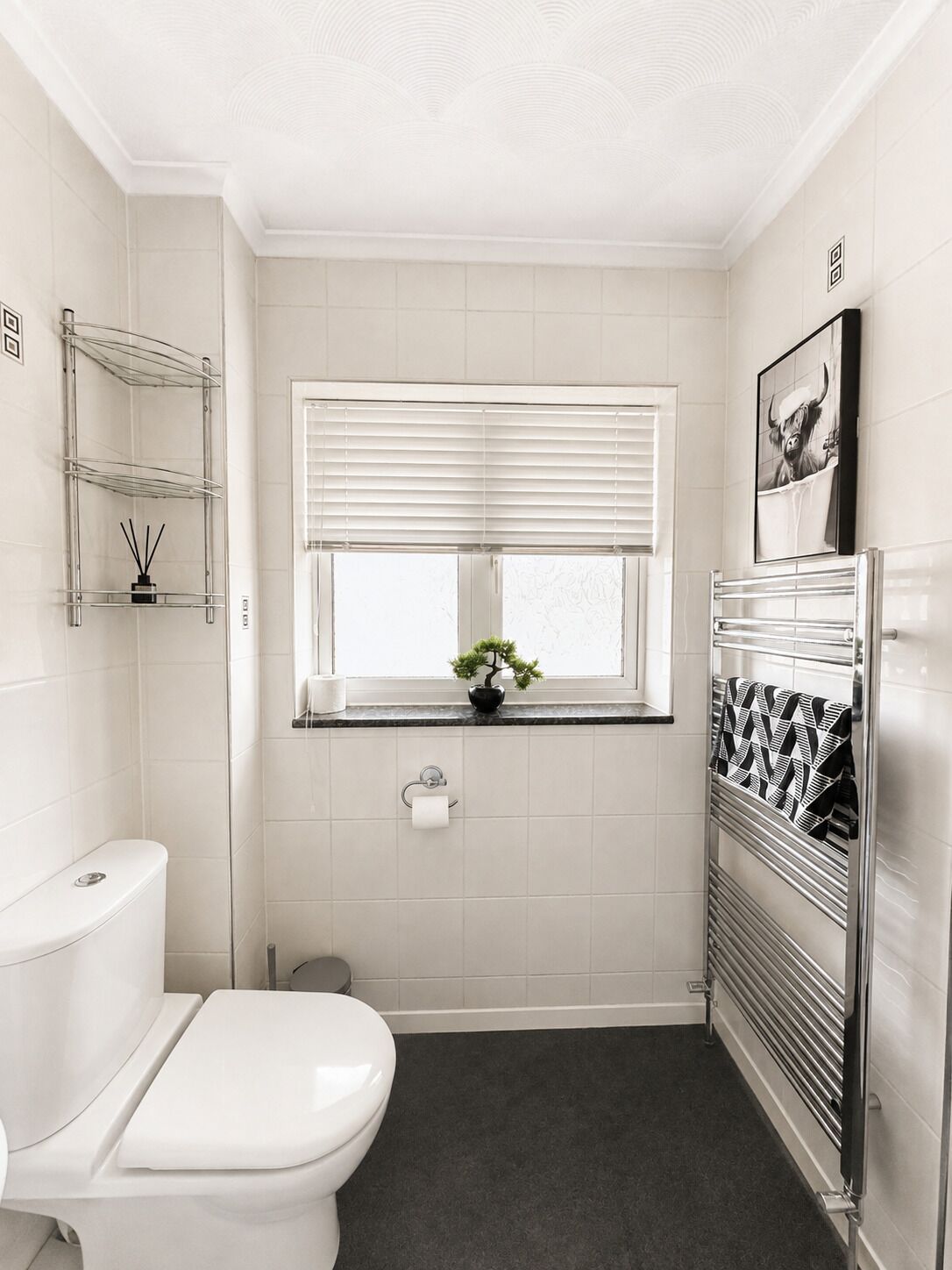 A modern bathroom with a toilet, a window with blinds, a radiator, and a shelf with a plant.