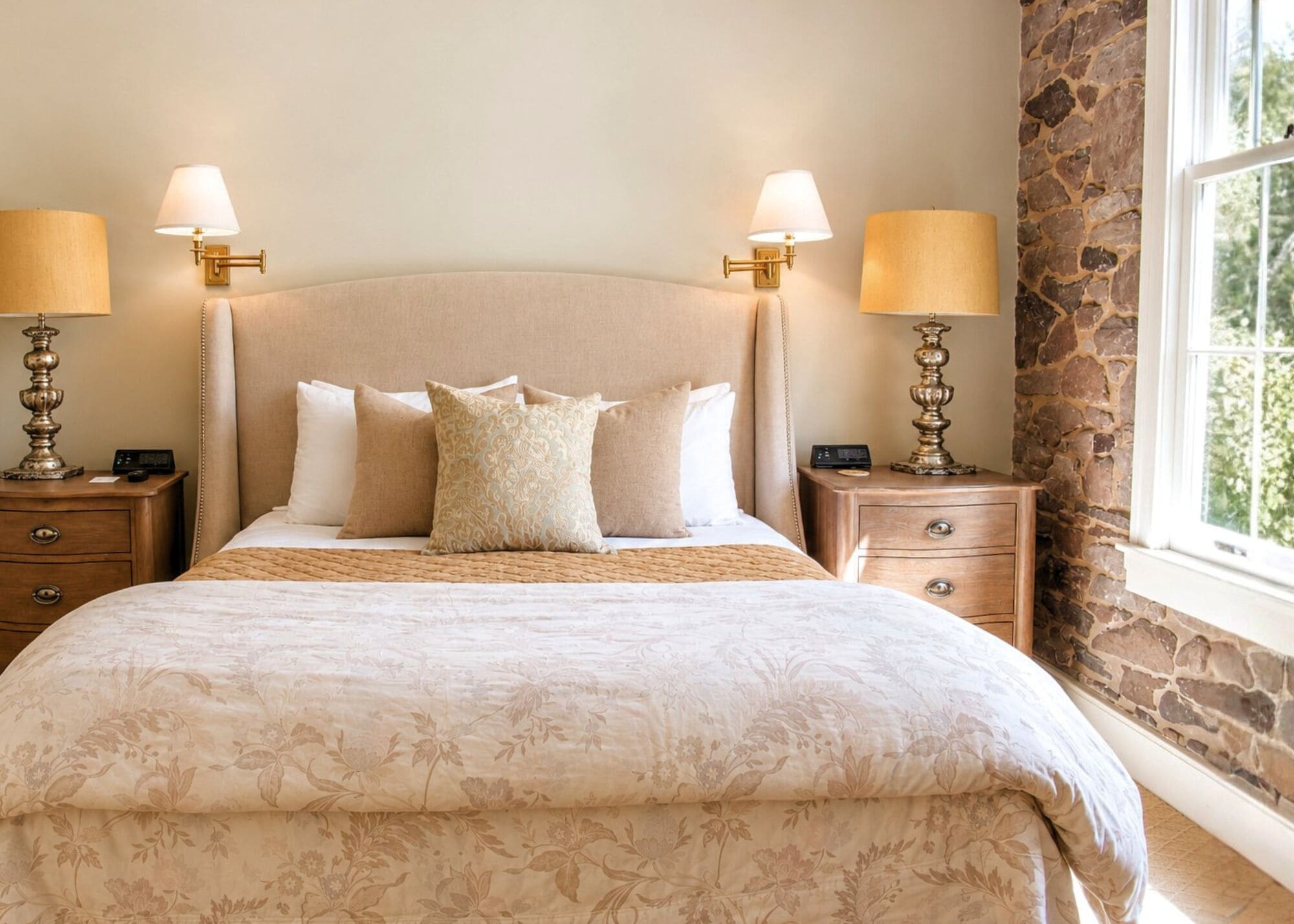 A bedroom with a large bed, two bedside tables with lamps, a stone wall, and a window.