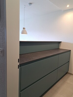 Eine Küche mit einer dunkelgrünen Arbeitsplatte, einer weißen Pendelleuchte und einer weißen Decke.