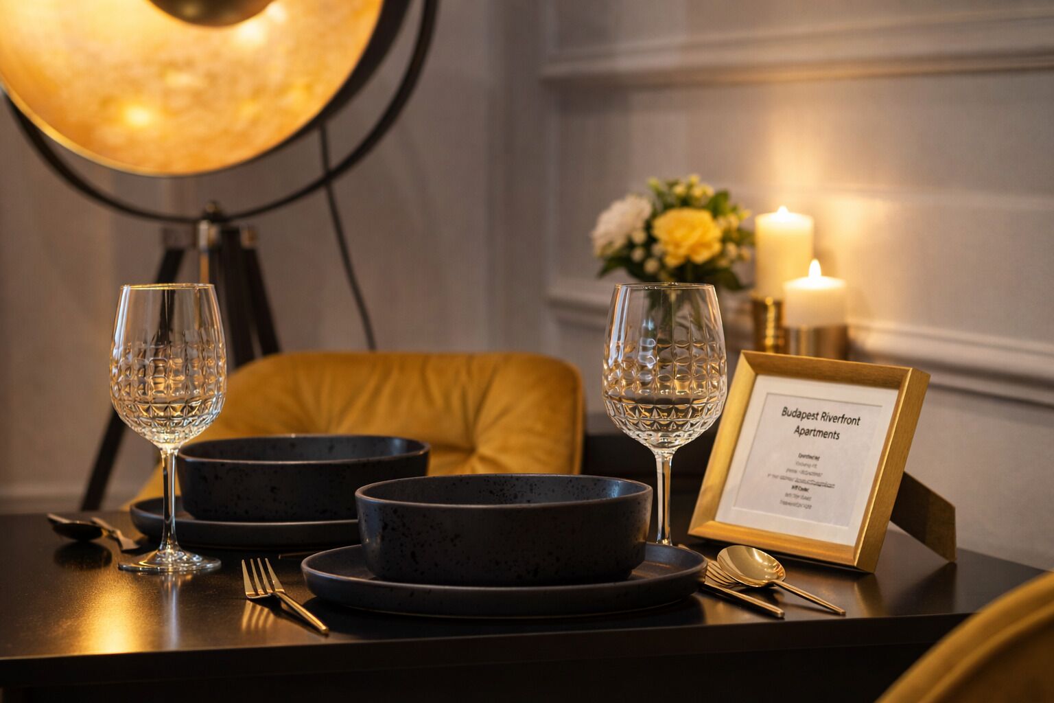 Une table dressée avec deux verres à vin, des assiettes, des couverts, une bougie et un panneau encadré.