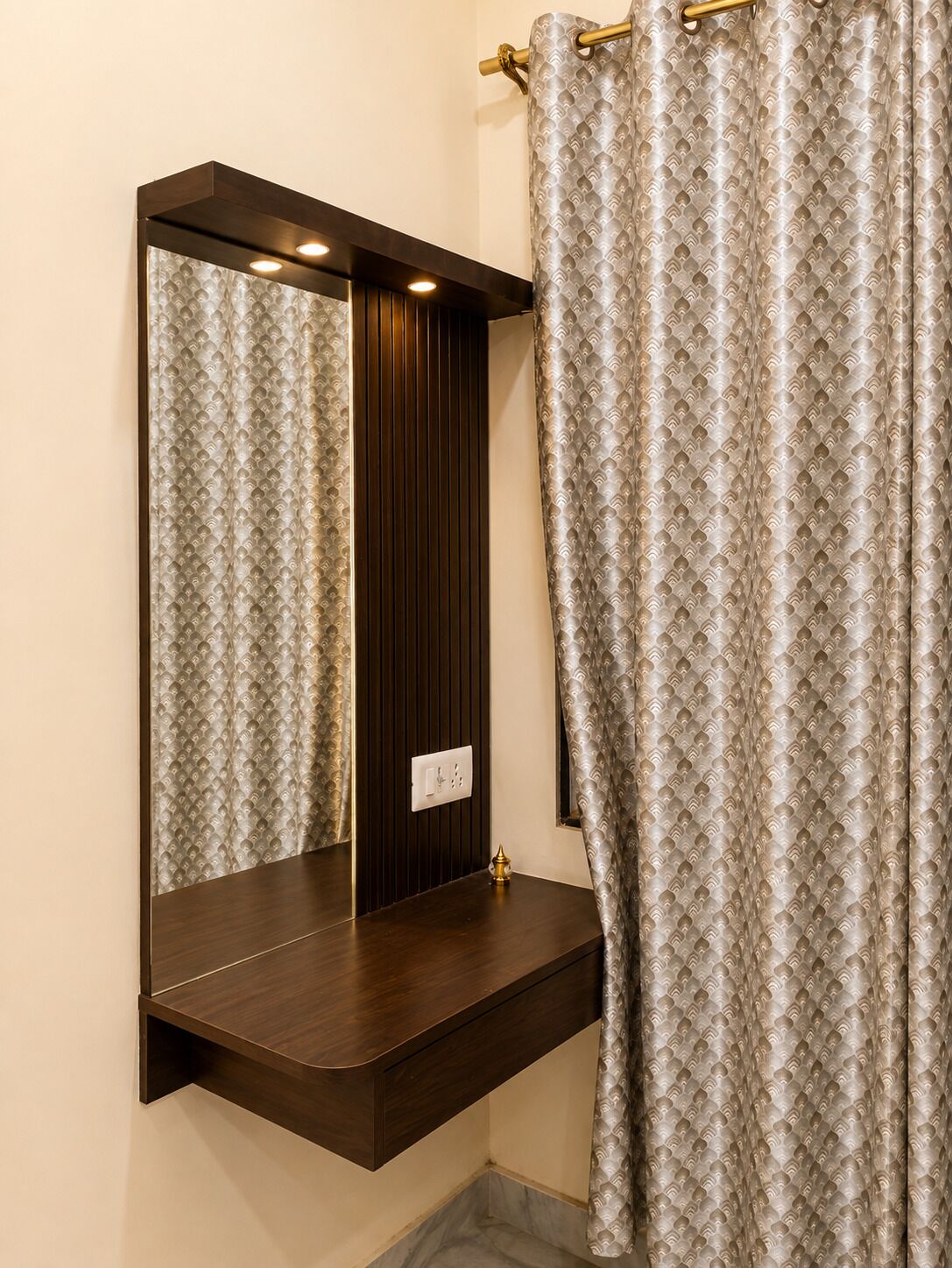 A bathroom with a mirror, a towel rack, and a shower curtain.