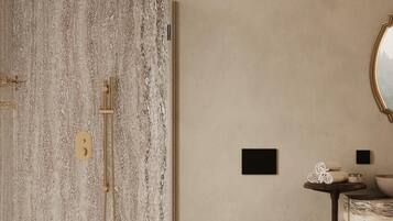 Design Room, Patio, Garden View | Bathroom | Free toiletries, hair dryer, towels, soap