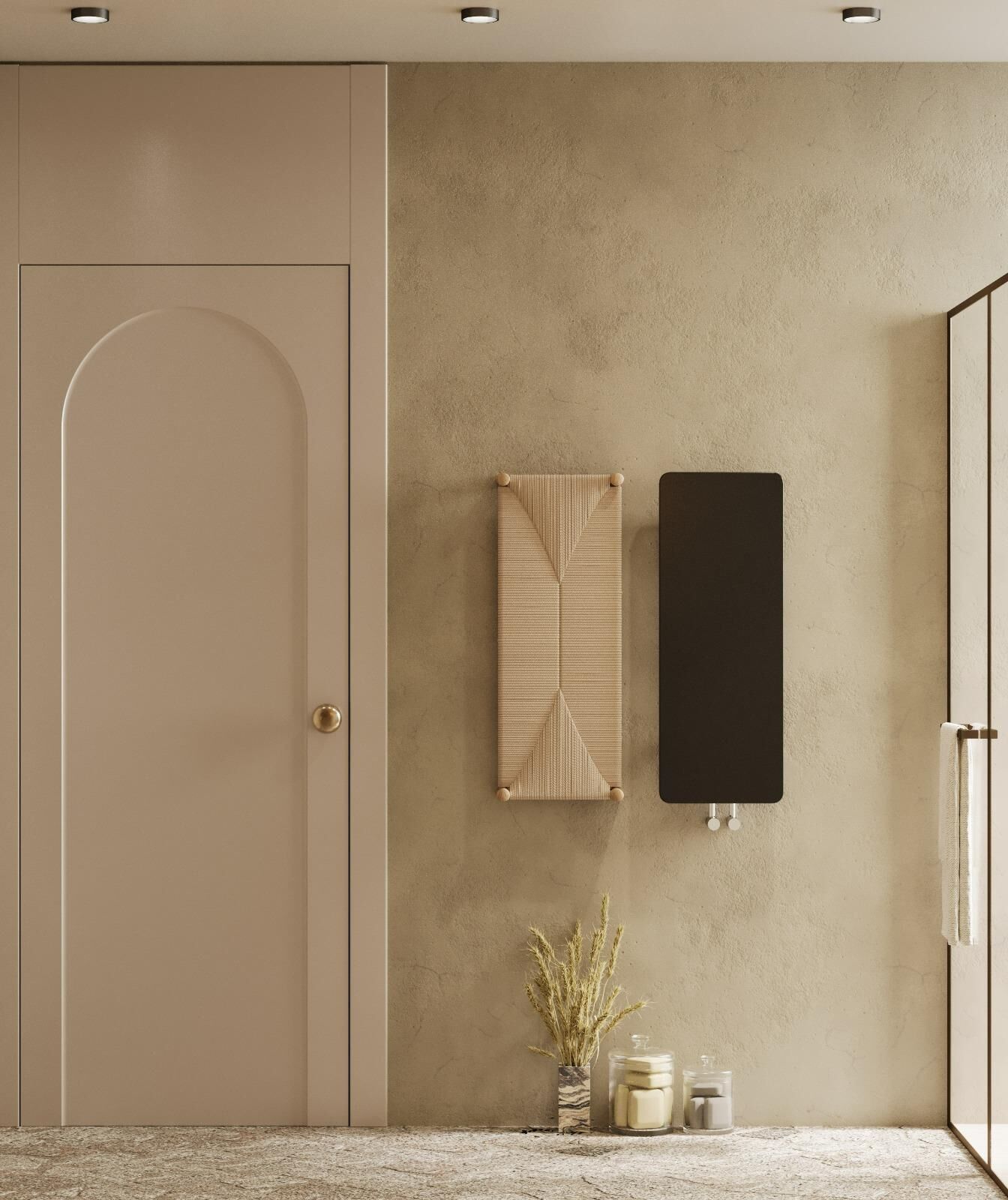 Un baño minimalista con una puerta color beige, una pared con textura, un perchero, un lavabo y un pequeño jarrón con plantas secas.